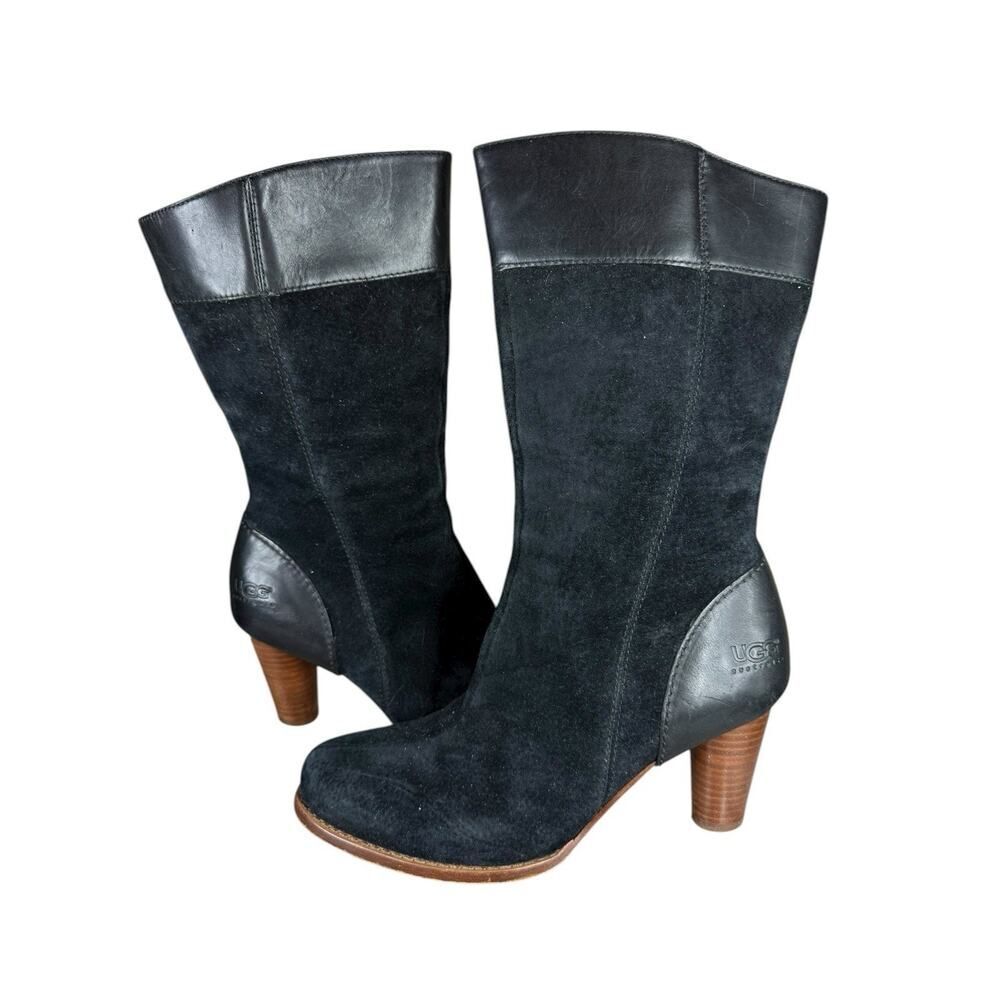 UGG Australia Black Suede Leather Mid Calf Boots Size 8 | Block Heel Zip Up
